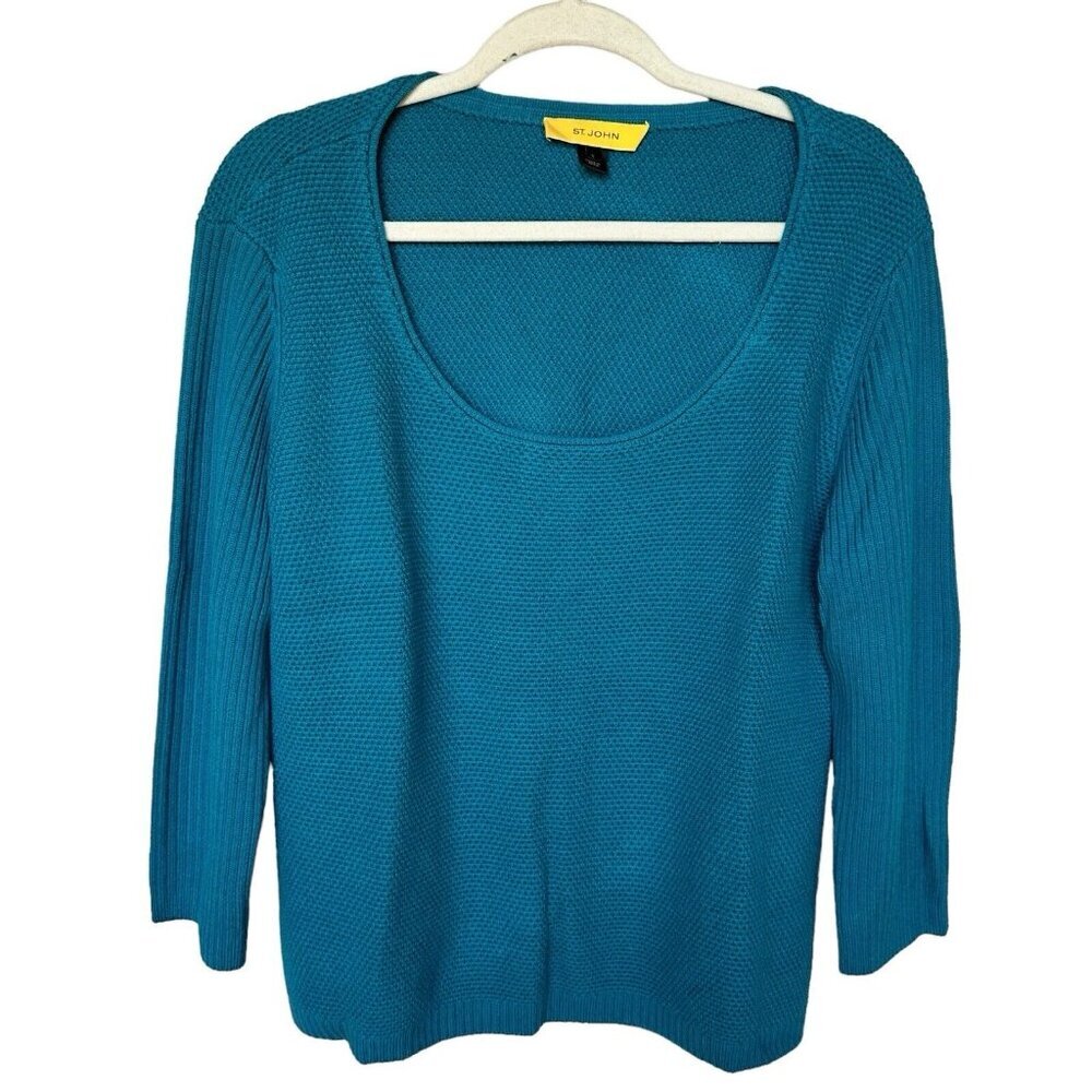 St John Pullover Sweater Women's Large 100% Wool Turquoise Blue 3/4 Sleeve‎ New